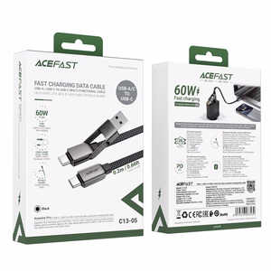 Acefast C13-05 USB-C - USB-A / USB-C kabelis 480Mb/s 3A 0,2 m - melns