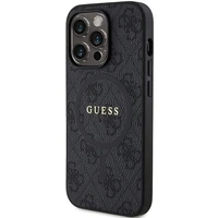 Guess 4G kolekcija ādas metāla logotips Magnētiskais apvalks iPhone 15 Pro - melns