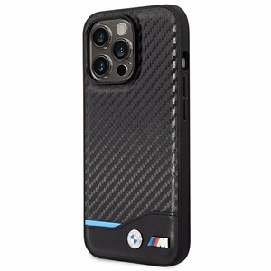 BMW BMHCP14L22NBCK iPhone 14 Pro 6.1 - melns ādas vāciņš ar oglekļa rakstu