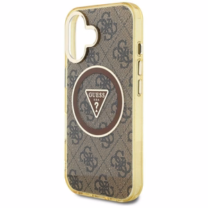 Guess IML Metal Glitter 4G Circle Triangle magnētiskais viedtālruņa apvalks iPhone 16 - brūns