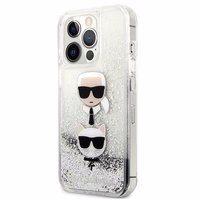 Karl Lagerfeld Šķidrs Glitter Karl&Choupette Galvas viedtālruņa apvalks iPhone 13 Pro / iPhone 13 - sudraba