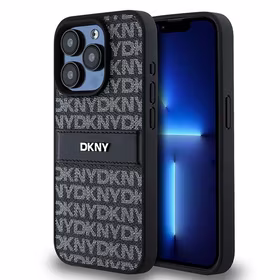 DKNY Ādas mono svītra un metāla logotips viedtālruņa apvalks iPhone 15 Pro - melns