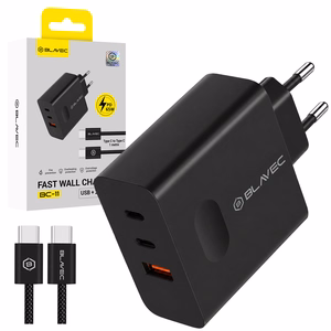 Blavec Wall charger BC-11 GaN - USB + 2xType C - QC PD 65W 3A with Type C to Type C cable (TCBC11G-U2CB653A) black