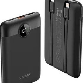 VEGER portatīvais lādētājs 10000 mAh ar iebūvētiem kabeļiem Type C / Lightning PD QC3.0 2A 22,5W C11 (W1170) melna
