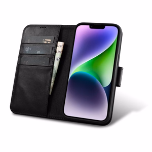 iCarer Eļļas Vaska Maki Apvalks 2in1 Vāks iPhone 14 Plus Anti-RFID Ādas Atverams Apvalks Melns (WMI14220723-BK)