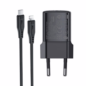 Acefast A118 30W GaN USB-C tīkla lādētājs ar 1.2m USB-C uz Lightning kabeli - melns