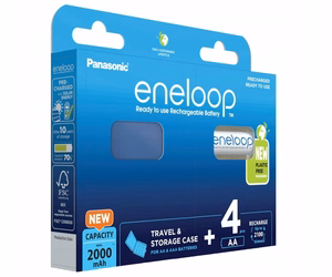 Uzlādējamas baterijas PANASONIC ENELOOP AA 2000 mAh 4 gab. + maciņš (BK-3MCDE/4CP+CASE)
