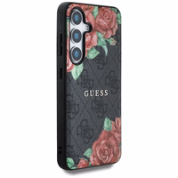 Guess ādas 4G ziedu raksta metāla klasiskais logotips magnētiskais viedtālruņa apvalks Samsung Galaxy S25 - melns