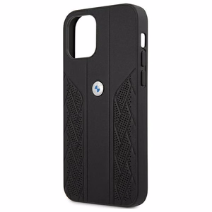 BMW Ādas izliekts perforēts viedtālruņa apvalks iPhone 12 mini - melns