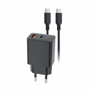 Setty USB-A + USB-C PD/QC 30W Sienas lādētājs melns + USB-C cable 1m RLSK-AC-01 melns
