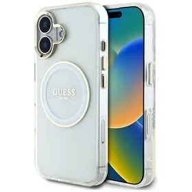Guess IML Metal Colored Circle Classic Logo Magnētiskais viedtālruņa apvalks iPhone 16 - balts