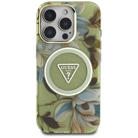 Guess Glitter Flowers Triangle Buttons Magnētiskais viedtālruņa apvalks iPhone 16 Pro - zaļš