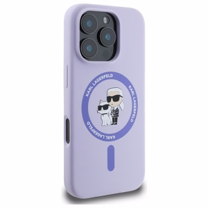 Viedtālruņa apvalks Karl Lagerfeld Silikona Karl&Choupette Heads Ring MagSafe iPhone 16 Pro - violets