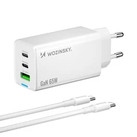 Wozinsky GaN 65W lādētājs ar USB-A un 2xUSB-C pieslēgvietām un 65W USB-C kabeli - balts