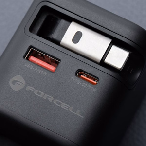 FORCELL F-ENERGY GaN III VT-R7 ceļojumu lādētājs ar izvelkamu kabeli Type C un 1x Type C, 1x USB A uzlādes portiem PD QC4.0 3A 70W pelēks