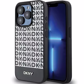 DKNY Ādas drukāts raksta metāla logotips Magnētiskais viedtālruņa apvalks iPhone 15 Pro Max - melns