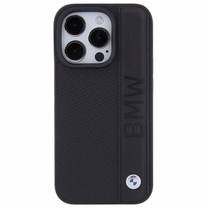 BMW ādas teksturēts un svītra iPhone 15 Pro Max viedtālruņa apvalks - melns