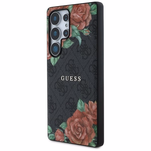 Guess ādas 4G ziedu raksta metāla klasiskais logotips magnētiskais viedtālruņa apvalks Samsung Galaxy S25 Ultra - melns