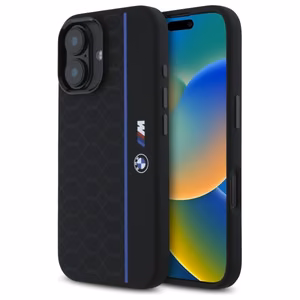 BMW Silikona Hexagon Blue Line Magnētiskais viedtālruņa apvalks iPhone 16 - melns