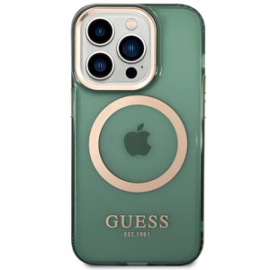 Viedtālruņa apvalks Guess GUHMP14LHTCMA iPhone 14 Pro 6.1" zaļa/haki cietais apvalks Zelta Kontūra Caurspīdīgs MagSafe