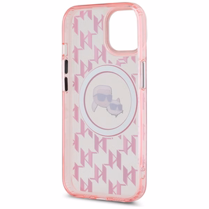 Karl Lagerfeld IML Monogramma Karl & Choupette Head Magnētiskais iPhone 15 Plus viedtālruņa apvalks - rozā