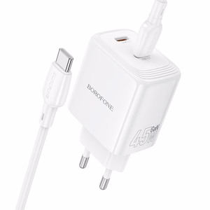 Borofone sienas lādētājs BN31 Cargador GaN - 2x Type C - QC 3.0 PD 45W ar Type C uz Type C kabeli balts