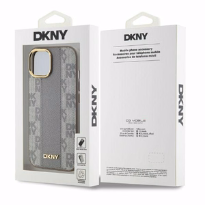 DKNY Ādas rūtainais mono raksts magnētiskais iPhone 15 viedtālruņa apvalks - bēšs