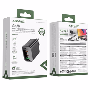 Acefast A108 GaN PD sienas lādētājs, 67 W, 2 × USB-C, 1 × USB-A, melns