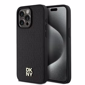 DKNY Ādas monogrammas raksta metāla logotips Magnētiskais viedtālruņa apvalks iPhone 15 Pro Max - melns