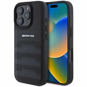 AMG ādas iespiesto līniju melnais logotips iPhone 16 Pro Max apvalks - melns