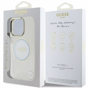Guess IML Metal Colored Circle Classic Logo Magnētiskais viedtālruņa apvalks iPhone 16 Pro Max - balts