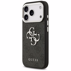 GUESS viedtālruņa apvalks IPHONE 17 Pro GUHCP17LP4G4SMCK (4G PU ādas apvalks ar lielu 4G un klasisko logotipu un sudraba metāla kameras rāmi) melns