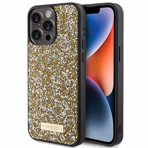 Guess Rhinestone Metāla Logotips viedtālruņa apvalks iPhone 15 Pro - dzeltens