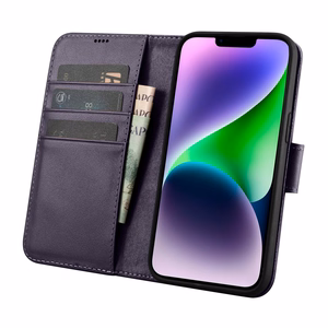 iCarer Viedtālruņa apvalks 2in1 no ādas ar atlokāmu vāciņu Anti-RFID violets iPhone 14 (WMI14220725-DP)
