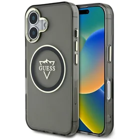 Guess IML Metal Mountain Logo Magnētiskais viedtālruņa apvalks iPhone 16 - melns