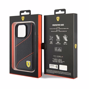Ferrari Perforated Waves Metal Logo viedtālruņa apvalks iPhone 15 Pro - melns