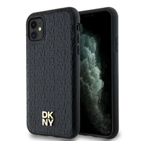 DKNY ādas monogrammas raksts metāla logotips magnētiskais viedtālruņa apvalks iPhone 11 / Xr - melns
