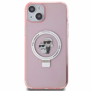 Karl Lagerfeld apvalks ar gredzena statīvu Karl&Choupette Magnētiskais iPhone 15 Plus - rozā