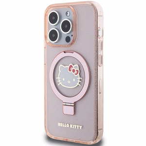 Hello Kitty gredzena statīvs spīdīgs Electrop Logo magnētiskais viedtālruņa apvalks iPhone 15 Pro - rozā