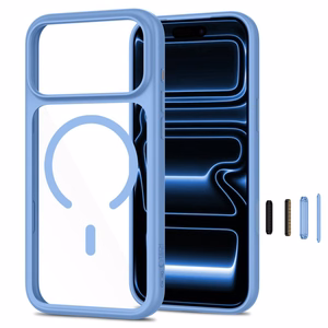 Tech-Protect MagOne CC MagSafe maciņš ar 2 rūdītiem stikliem, paredzēts iPhone 18 Pro / 17 Pro, caurspīdīgs zils