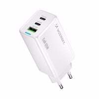 Wozinsky GaN 65W lādētājs ar USB-A un 2xUSB-C pieslēgvietām un 65W USB-C kabeli - balts