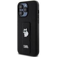 Karl Lagerfeld Gripstand Saffiano Choupette Pins viedtālruņa apvalks iPhone 13 Pro / 13 - melns