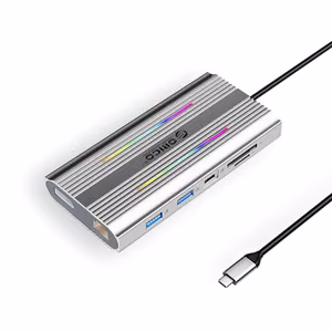 Orico XDR 12in1 RGB USB-C Docking Station USB-A USB-C 2x HDMI 4K 60 Hz DisplayPort 4K 60 Hz RJ45 Gigabit PD 100W SD and microSD Card Reader - Silver