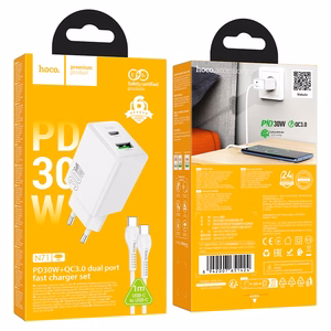 Lādētājs Hoco N71 30W GaN USB-C/USB-A + USB-C uz USB-C kabelis 1.0m, balts