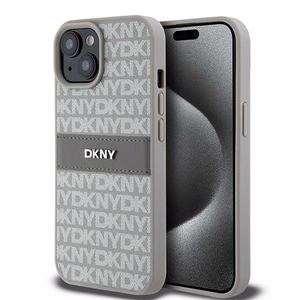DKNY Ādas mono svītra un metāla logotips viedtālruņa apvalks iPhone 15 / 14 / 13 - bēšs