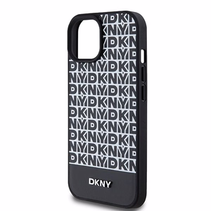 DKNY Ādas drukāts raksts metāla logotips Magnētiskais viedtālruņa apvalks iPhone 15 / 14 / 13 - melna