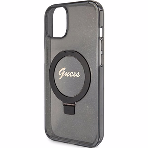 Guess viedtālruņa apvalks ar statīvu Ring Stand Script Glitter magnētiskais iPhone 15 Plus / 14 Plus - melns