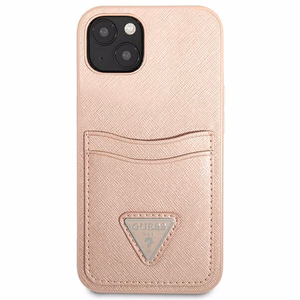 Guess GUHCP13MPSATPP iPhone 13 6.1 viedtālruņa apvalks, rozā, ciets, ar Saffiano trīsstūra logotipu un karšu nodalījumu