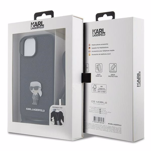Karl Lagerfeld krustveida Saffiano monogramma metāla piespraude Karl & Choupette viedtālruņa apvalks iPhone 15 - melns