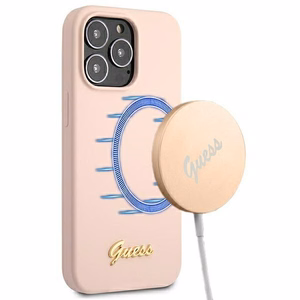 Guess GUHMP13XLSLMGLP viedtālruņa apvalks iPhone 13 Pro Max 6.7" gaiši rozā cietais silikona ar zelta logotipu MagSafe